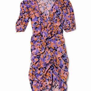 Pull&Bear Purple & Orange Floral Ruched Midi Dress